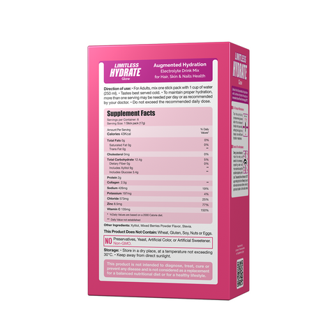 Limitless Hydrate Glow – 6 Sticks – Electrolytes + Vitamin C & Collagen – Hydration for Skin, Hair & Nail Health – Mixed Berries Flavor