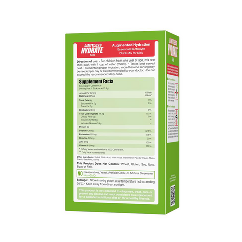 Limitless Hydrate Kids – 6 Sticks – Oral Electrolyte Solution with Xylitol – Watermelon Flavor – For Children Aged 1+