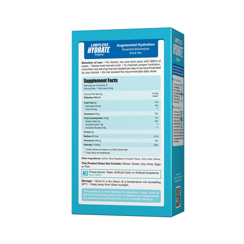 Limitless Hydrate Original – 6 Oral Rehydration Sticks – WHO-Compliant Electrolyte Formula with Osmo-Flow – Blue Raspberry Flavor – With Xylitol