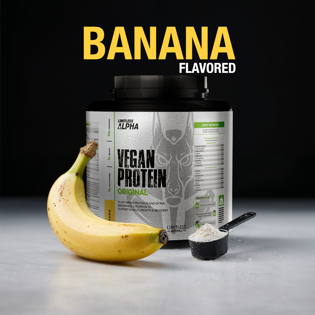 Limitless Alpha Vegan Protein – 2kg – 33g Plant-Based Protein with BCAA & Glutamine – Brown Rice, Pea & Pumpkin – Gluten-Free, Keto & Paleo – 46 Servings, Banana & Strawberry flavors.