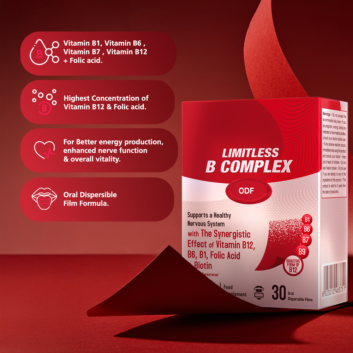 Limitless Vitamin B Complex ODF (2 Packs Bundle)  – 30 Oral Dissolving Films – Methylcobalamin, Folic Acid, B1, B6 & Biotin – Energy & Nervous System Support