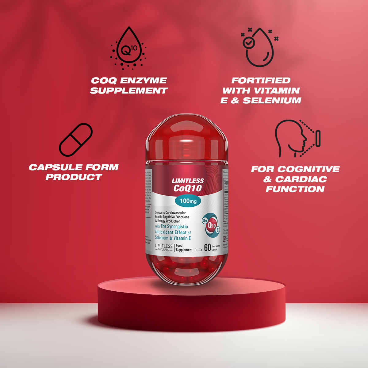 Limitless CoQ 10 - CoQ 10 Enzyme, vitamin E & Selenium - For cognitive, heart health & energy production- 60 capsules.