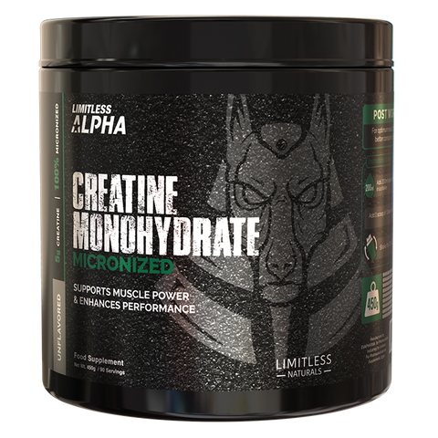 Limitless Alpha Creatine Monohydrate — 5g Creatine per Scoop, post workout for Strength, Power & Muscle Performance - 450g - 90 Servings