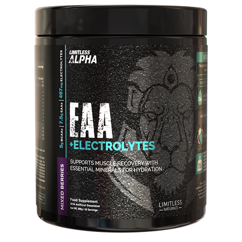Limitless Alpha EAA + Electrolytes – 296g – 7.5g EAAs & 497mg Electrolytes Per Scoop – 30 Servings – Lemon & Mixed Berries Flavors.