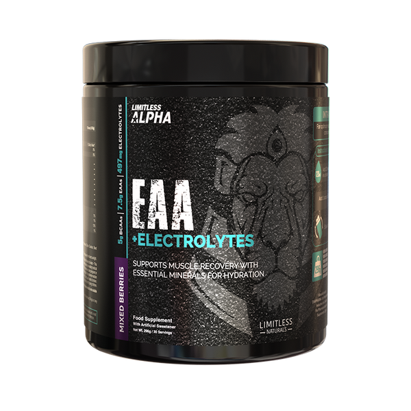 Limitless Alpha EAA + Electrolytes – 296g – 7.5g EAAs & 497mg Electrolytes Per Scoop – 30 Servings – Lemon & Mixed Berries Flavors.