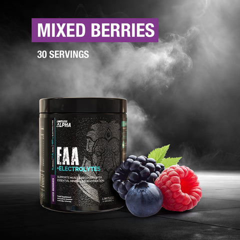 Limitless Alpha EAA + Electrolytes – 296g – 7.5g EAAs & 497mg Electrolytes Per Scoop – 30 Servings – Lemon & Mixed Berries Flavors.