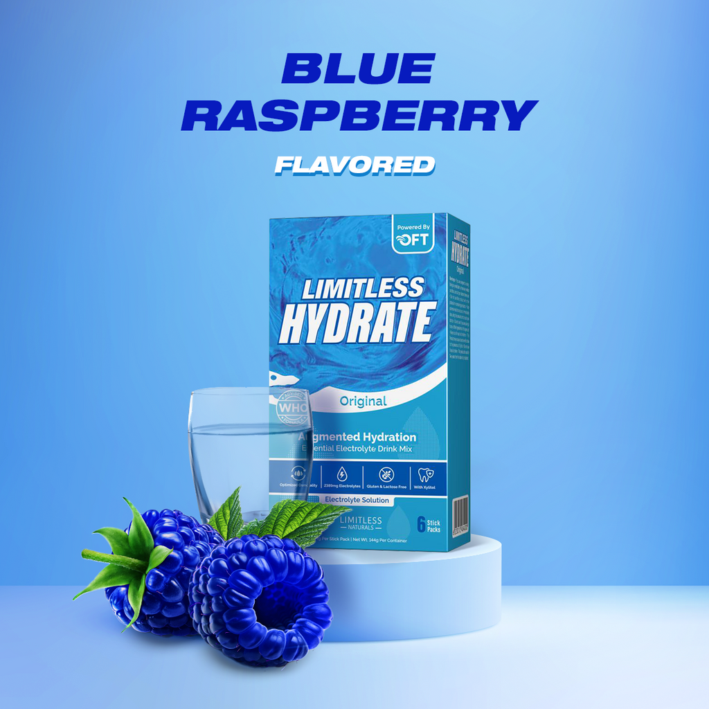 Limitless Hydrate Original – 6 Oral Rehydration Sticks – WHO-Compliant Electrolyte Formula with Osmo-Flow – Blue Raspberry Flavor – With Xylitol