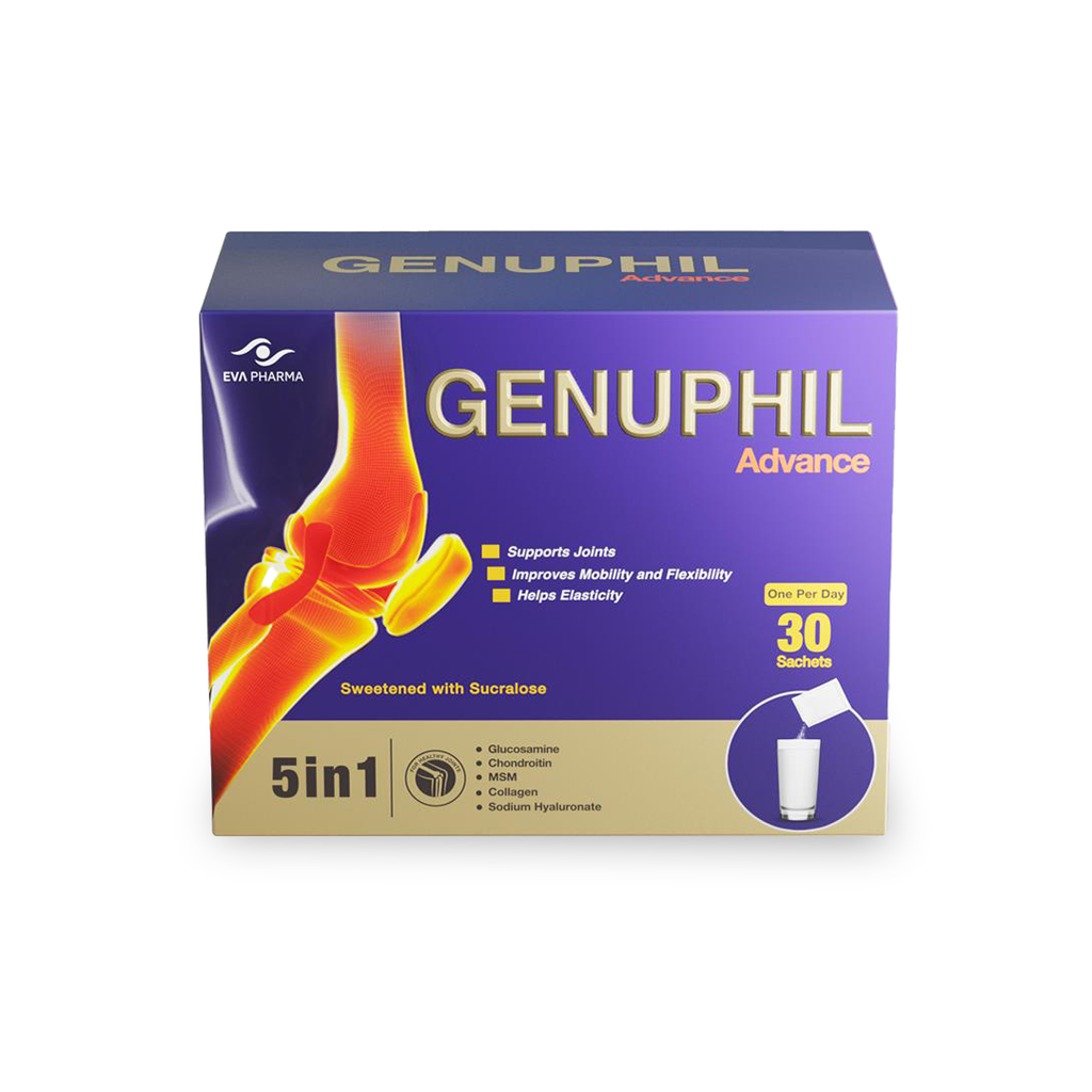 Genuphil Advance - 5 in 1 joint support formula - Glucosamine, Marine Collagen, Chondroitin, MSM & Sodium Hyaluronate - 30 sachets.