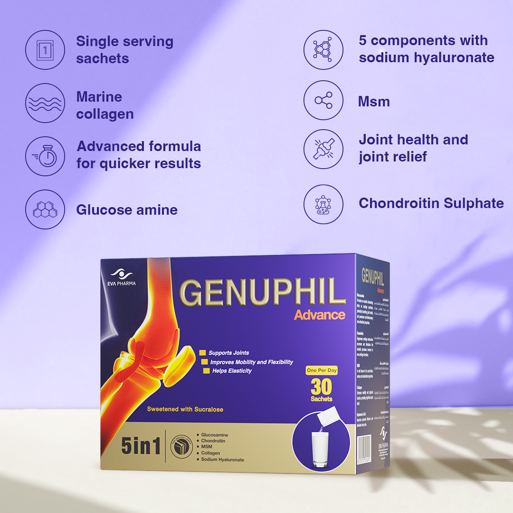Genuphil Advance - 5 in 1 joint support formula - Glucosamine, Marine Collagen, Chondroitin, MSM & Sodium Hyaluronate - 30 sachets.