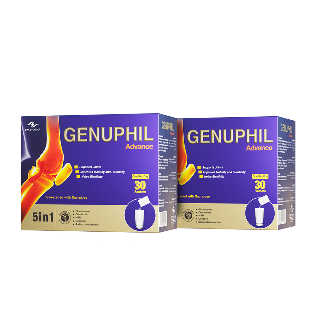 Genuphil Advance - 5 in 1 joint support formula - Glucosamine, Marine Collagen, Chondroitin, MSM & Sodium Hyaluronate - 30 sachets. (2 Packs Bundle)