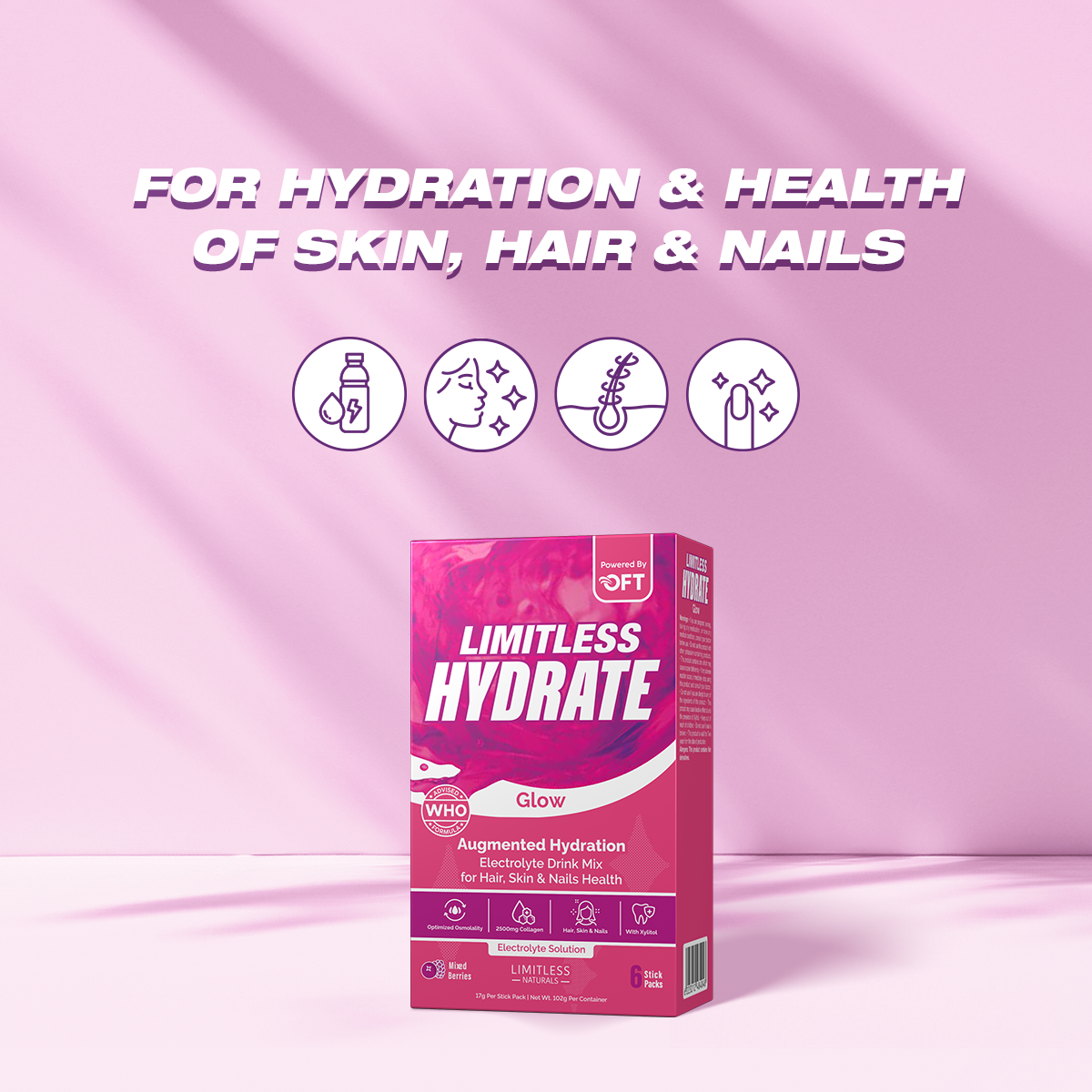 Limitless Hydrate Glow – 6 Sticks – Electrolytes + Vitamin C & Collagen – Hydration for Skin, Hair & Nail Health – Mixed Berries Flavor