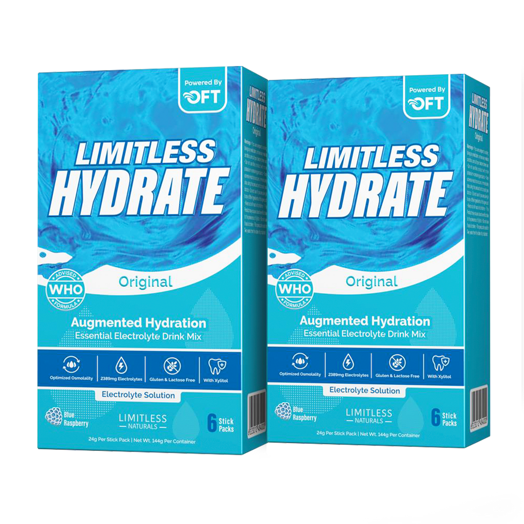 Limitless Hydrate Original – 6 Oral Rehydration Sticks – WHO-Compliant Electrolyte Formula with Osmo-Flow – Blue Raspberry Flavor – With Xylitol (2 Packs Bundle)