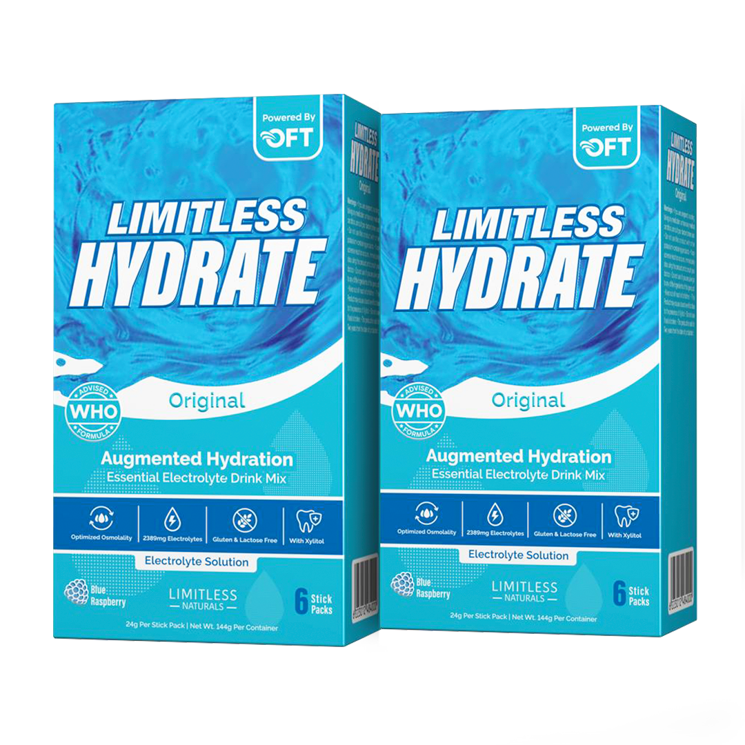 Limitless Hydrate Original – 6 Oral Rehydration Sticks – WHO-Compliant Electrolyte Formula with Osmo-Flow – Blue Raspberry Flavor – With Xylitol (2 Packs Bundle)