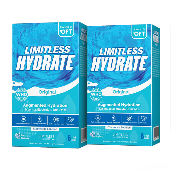 Limitless Hydrate Original – 6 Oral Rehydration Sticks – WHO-Compliant Electrolyte Formula with Osmo-Flow – Blue Raspberry Flavor – With Xylitol (2 Packs Bundle)