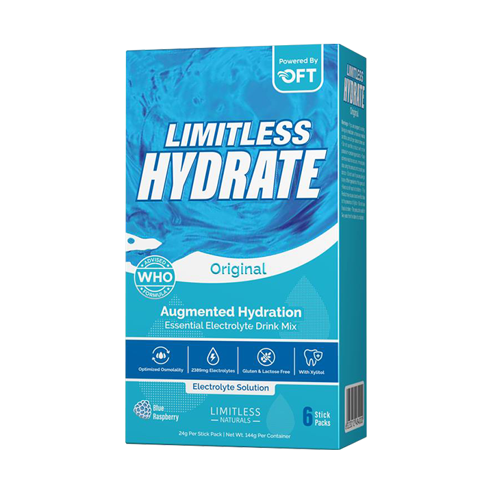 Limitless Hydrate Original – 6 Oral Rehydration Sticks – WHO-Compliant Electrolyte Formula with Osmo-Flow – Blue Raspberry Flavor – With Xylitol