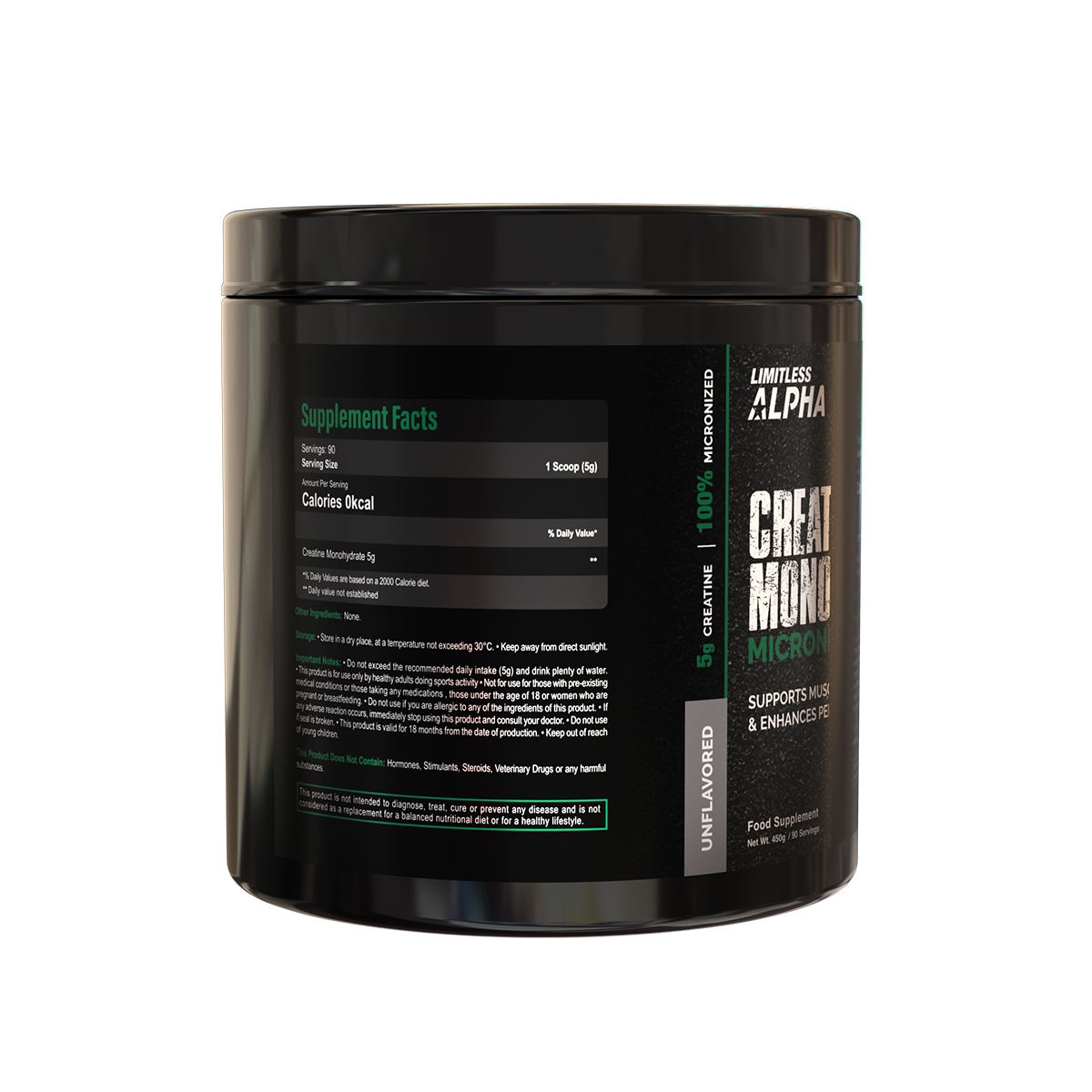 Limitless Alpha Creatine Monohydrate — 5g Creatine per Scoop, post workout for Strength, Power & Muscle Performance - 450g - 90 Servings