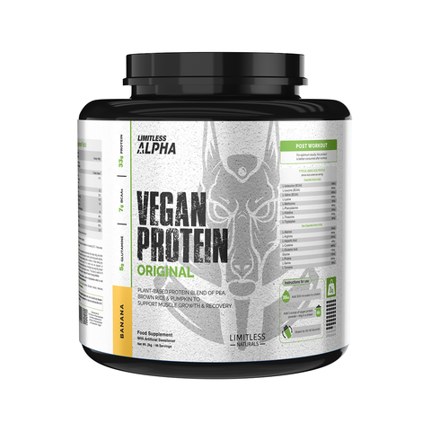 Limitless Alpha Vegan Protein – 2kg – 33g Plant-Based Protein with BCAA & Glutamine – Brown Rice, Pea & Pumpkin – Gluten-Free, Keto & Paleo – 46 Servings, Banana & Strawberry flavors.