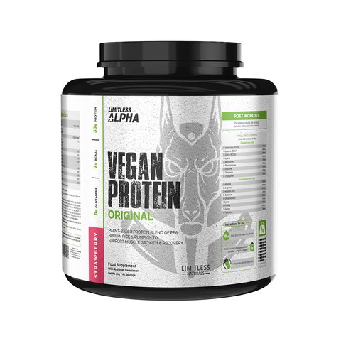 Limitless Alpha Vegan Protein – 2kg – 33g Plant-Based Protein with BCAA & Glutamine – Brown Rice, Pea & Pumpkin – Gluten-Free, Keto & Paleo – 46 Servings, Banana & Strawberry flavors.