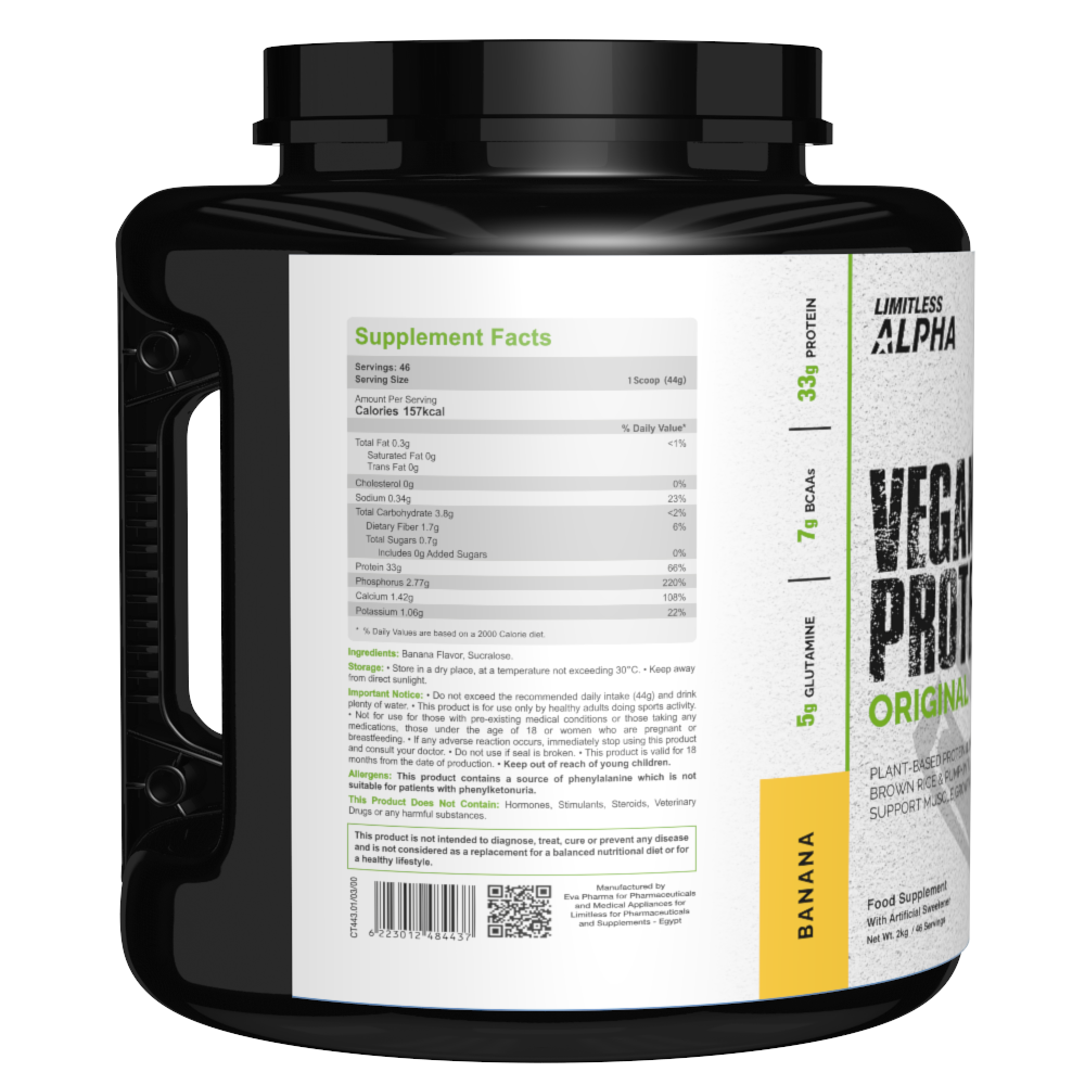 Limitless Alpha Vegan Protein – 2kg – 33g Plant-Based Protein with BCAA & Glutamine – Brown Rice, Pea & Pumpkin – Gluten-Free, Keto & Paleo – 46 Servings, Banana & Strawberry flavors.