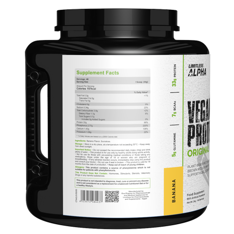 Limitless Alpha Vegan Protein – 2kg – 33g Plant-Based Protein with BCAA & Glutamine – Brown Rice, Pea & Pumpkin – Gluten-Free, Keto & Paleo – 46 Servings, Banana & Strawberry flavors.