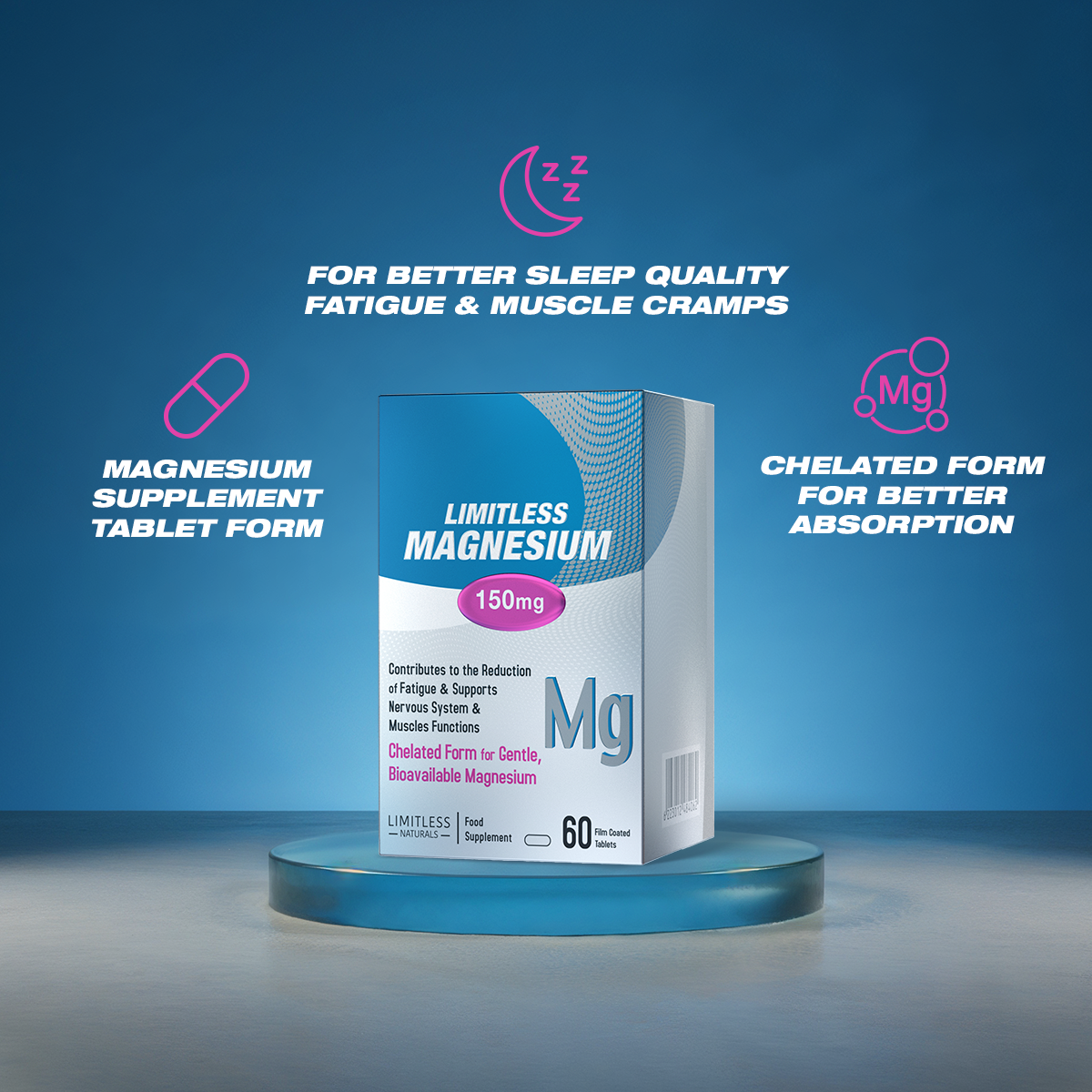 Limitless Magnesium – 150mg Chelated Magnesium – 60 Tablets – Sleep Quality, Muscle Function & Nervous system Support