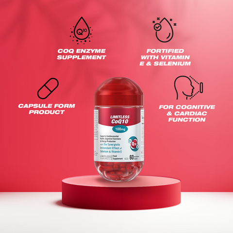 Limitless CoQ 10 - CoQ 10 Enzyme, vitamin E & Selenium - For cognitive, heart health & energy production- 60 capsules.