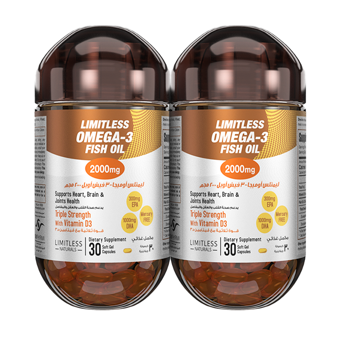 Limitless Omega 3 - Triple Strength Omega 3 Supplement For Enhanced Focus & Brain Health - 30 capsules. (2 Packs Bundle)