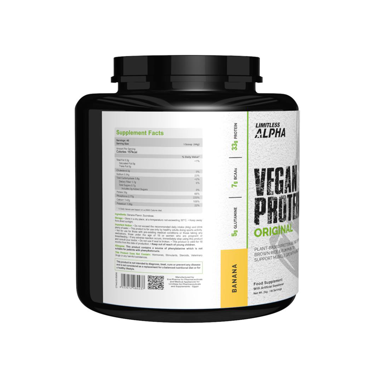 Limitless Alpha Vegan Protein – 2kg – 33g Plant-Based Protein with BCAA & Glutamine – Brown Rice, Pea & Pumpkin – Gluten-Free, Keto & Paleo – 46 Servings, Banana & Strawberry flavors.