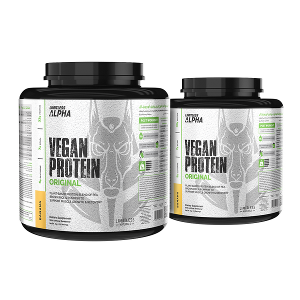 Limitless Alpha Vegan Protein – 2kg – 33g Plant-Based Protein with BCAA & Glutamine – Brown Rice, Pea & Pumpkin – Gluten-Free, Keto & Paleo – 46 Servings, Banana & Strawberry flavors. (2 Packs Bundle)