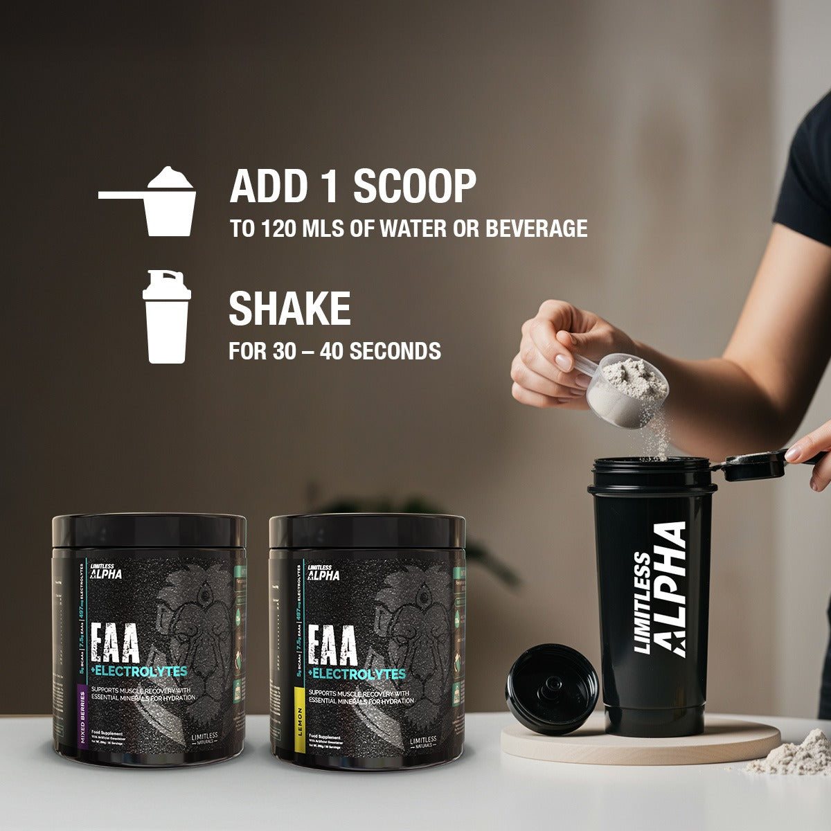 Limitless Alpha EAA + Electrolytes – 296g – 7.5g EAAs & 497mg Electrolytes Per Scoop – 30 Servings – Lemon & Mixed Berries Flavors.